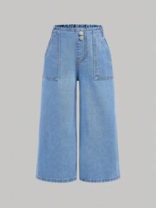 3pcs/Set Girls' Loose Fit Dark Blue, Medium Blue, Light Blue Denim Pants - Multicolor - View 10