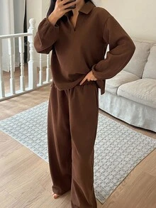 DAZY 女士极简针织上衣和裤子家居服套装，秋季睡衣，舒适秋冬装 - 棕色 - 查看 3