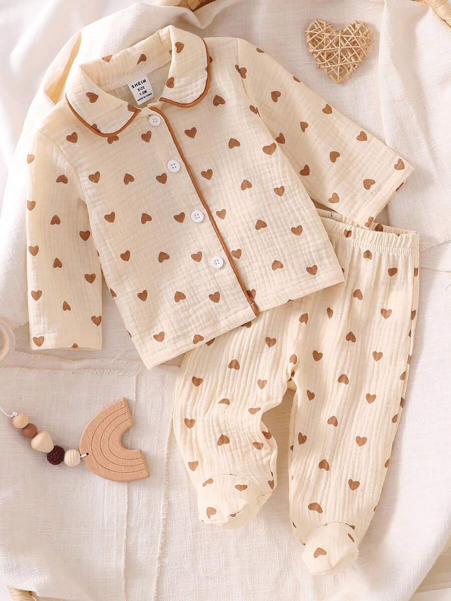 2 件套新生女童可爱蝴蝶结图案长袖上衣和裤子休闲舒适睡衣套装 - 杏色 - 查看 1