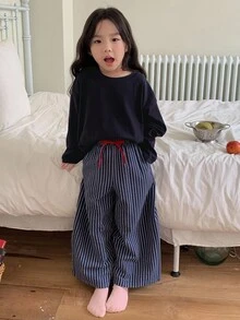 DAZY 2 件套年轻女孩休闲长袖上衣和宽松裤子套装，秋季服装 - 藏蓝色 - 查看 5