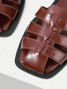 MOTF PREMIUM Giày sandal đế bằng mũi vuông bằng da PU thoải mái dành cho nữ để mang hàng ngày - màu nâu - Xem 3