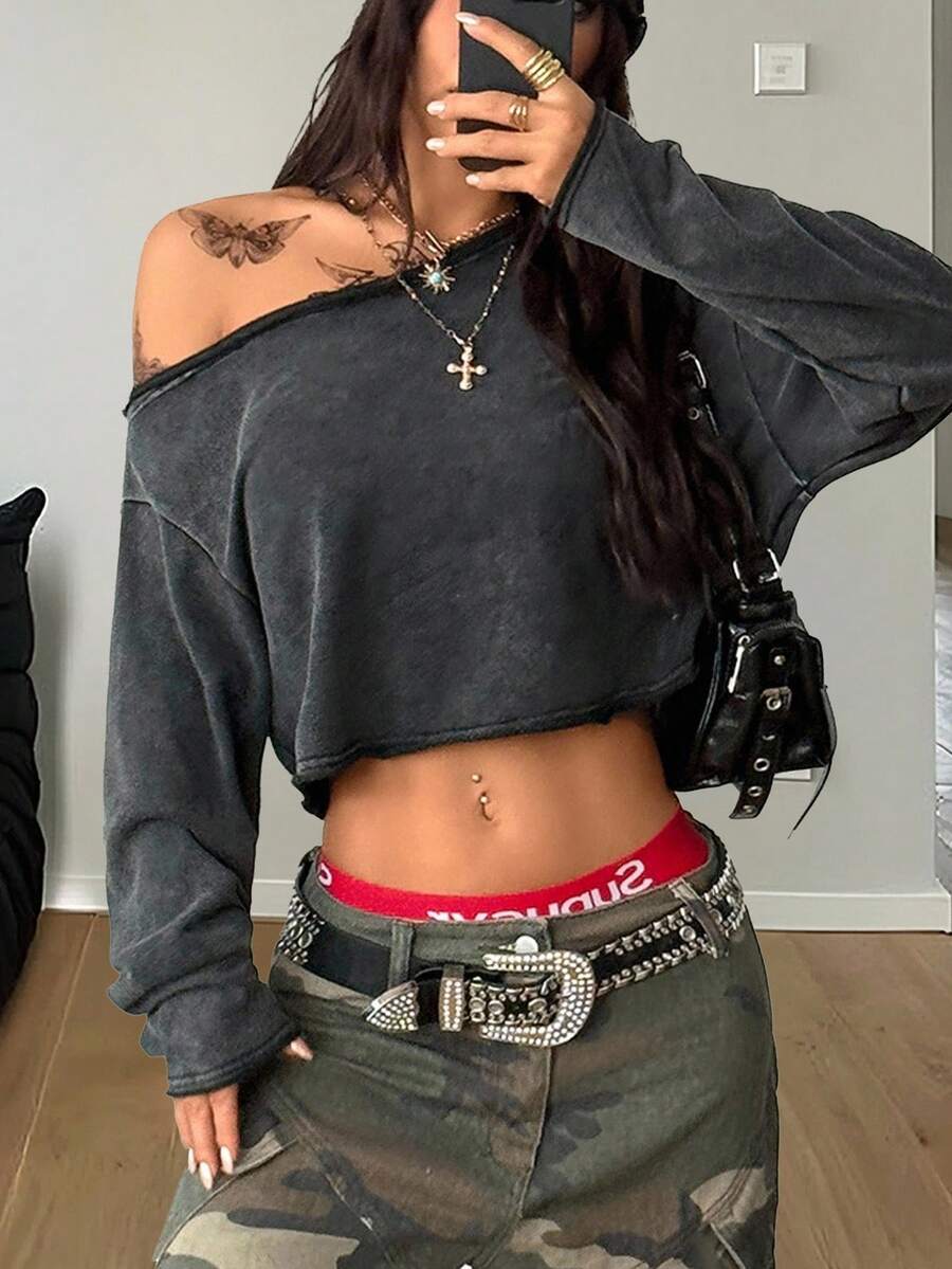 Coolane 女士和男士冬季/秋季街头服饰 返校风 脏污棉质舒适脏洗黑色超大不对称领口长袖 T 恤 - 黑色 - 查看 1