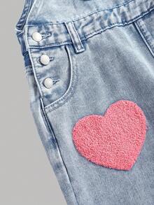 SHEIN Tween Girls Y2K 浅色水洗高腰心形刺绣口袋可爱阔腿牛仔裤休闲宽松牛仔裤牛仔背带裤无上衣，女童秋冬返校返校节牛仔裤，女童裤子街头服饰复古服装，舒适百搭，适合 8-12 岁女孩，适合上学、居家和旅行，刺绣牛仔连体裤 - 淺色水洗藍 - 查看 3