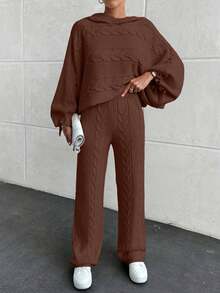 EURMUSE Casual Cable Knit Hooded Crop Sweater & Cable Knit Sweater Pants 2 Pieces Co-Ords,Loungewear Set,Petite,Winter Clothes - Brown - View 5