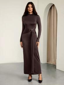SHEIN Tall Women's Solid Color Stand Collar Long Sleeve Tie Design Fitted Elegant Brown Dress - Coffee Brown - View 9