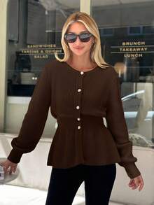 Women Solid Color Front Button Round Neck Cardigan