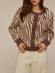 ATUI Studio Women's Knit Sweater, Autumn/Winter New Leopard Print Retro Round Neck Long Sleeve Knitted Top, Fashion, Simple, Versatile, Casual Loose Cardigan Sweater For Women - Brown - View 1