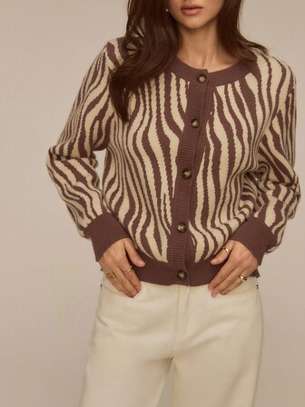 ATUI Studio Women's Knit Sweater, Autumn/Winter New Leopard Print Retro Round Neck Long Sleeve Knitted Top, Fashion, Simple, Versatile, Casual Loose Cardigan Sweater For Women