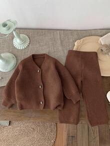 SHEIN LMoss Kids LMoss 女婴两件套开衫和阔腿裤针织装，适合秋冬季户外休闲场合 - 棕色 - 查看 6