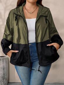 EMERY ROSE Giacca casual con cappuccio, chiusura lampo e coulisse, con patchwork a contrasto di colore, per taglie forti