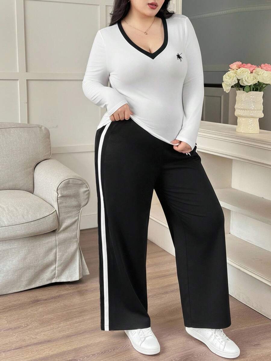 Modelyn 女士 V 领长袖 T 恤和阔腿裤运动休闲舒适纯色重磅刺绣加大码套装 - 彩色 - 查看 1
