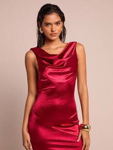 Glamine 女式红色缎面低胸露背系带连衣裙，优雅派对性感连衣裙，女式红色连衣裙 - 酒紅色 - 查看 8