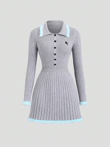SHEIN Sweetro Women's Simple & Sweet Gray Long Sleeve Collared Knit Dress/Sweater, Autumn/Winter