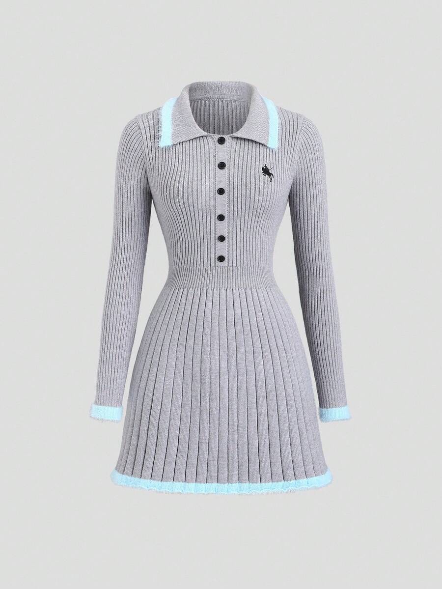 SHEIN Sweetro Women's Simple & Sweet Gray Long Sleeve Collared Knit Dress/Sweater, Autumn/Winter