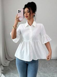 Elenzga Blusa casual de mujer de unicolor con mangas acampanadas y bajo con volantes para el verano - Blanco - Ver 6