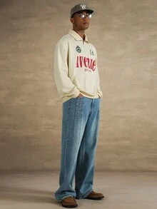 STYNVO 男士四分之一拉链落肩宽松休闲套头卫衣，秋季款 - 杏色 - 查看 3