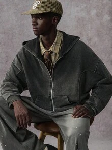 STYNVO 男士休闲拉链连帽洗水运动衫，秋季 - 黑色 - 查看 1