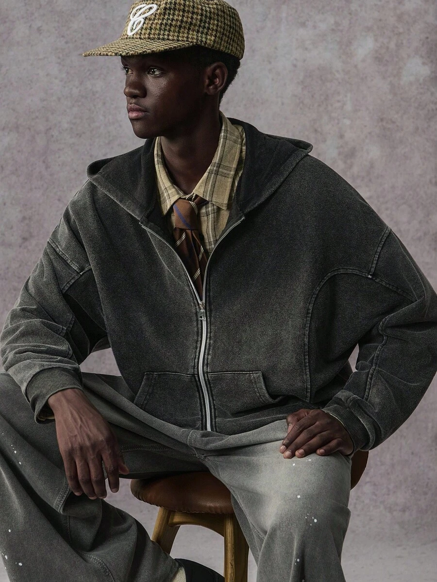 STYNVO 男士休闲拉链连帽洗水运动衫，秋季 - 黑色 - 查看 1