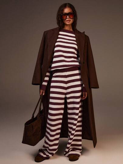 Athîral Women's Color-Blocked Striped Crew Neck Long-Sleeved Top And Pants Two Pieces Set, Striped Knit Pullover, Women's Autumn Clothing, Halloween, Women's Winter Clothing, Women's Outdoor Outfits, Back-To-School Season, Home Wear, Casual Striped Sweater, Autumn And Winter Knitted Set