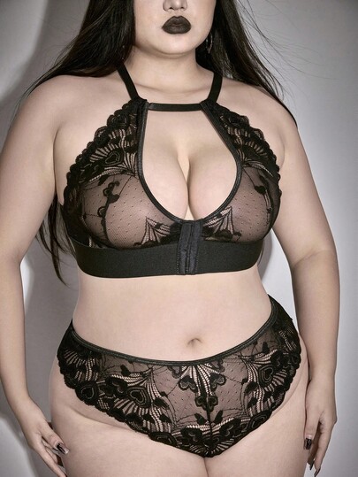 Ensemble de lingerie gothique avec fermeture frontale en dentelle et motif ajouré pour femmes grandes tailles
