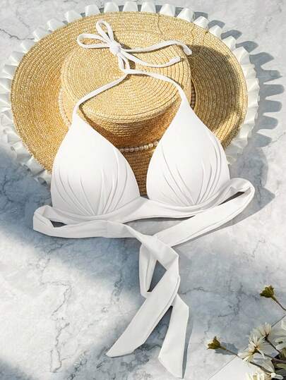 Swim Vcay Women's Summer Beach Solid Color White Halter Neck Low-Cut Bikini Top (Removable Knotted Strap, PUSH UP, Wireless), Beach Accessories