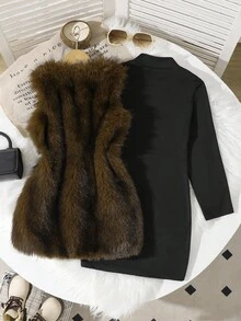 2pcs/Set Girls Sleeveless Fluffy Vest Jacket & Textured Fitted Knit Dress, Casual Vacation Outfit Fall Winter - Black - View 2