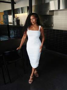 Tyla Gomez Solid Mesh Ruched Back Slit Midi Dress, White Graduation Dress, White Dress, Tea Party Dress