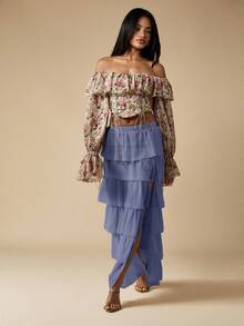 MISSGUIDED Váy Maxi Maxi Chiffon Xẻ Chân Xếp Ly Nhiều Lớp Cho Khách Dự Tiệc Cưới Bãi Biển Mùa Hè, Dài Đến Sàn, Cạp Cao Phong Cách Bohemian, Trang Phục Dạ Hội - Màu xanh hải quân - Xem 5