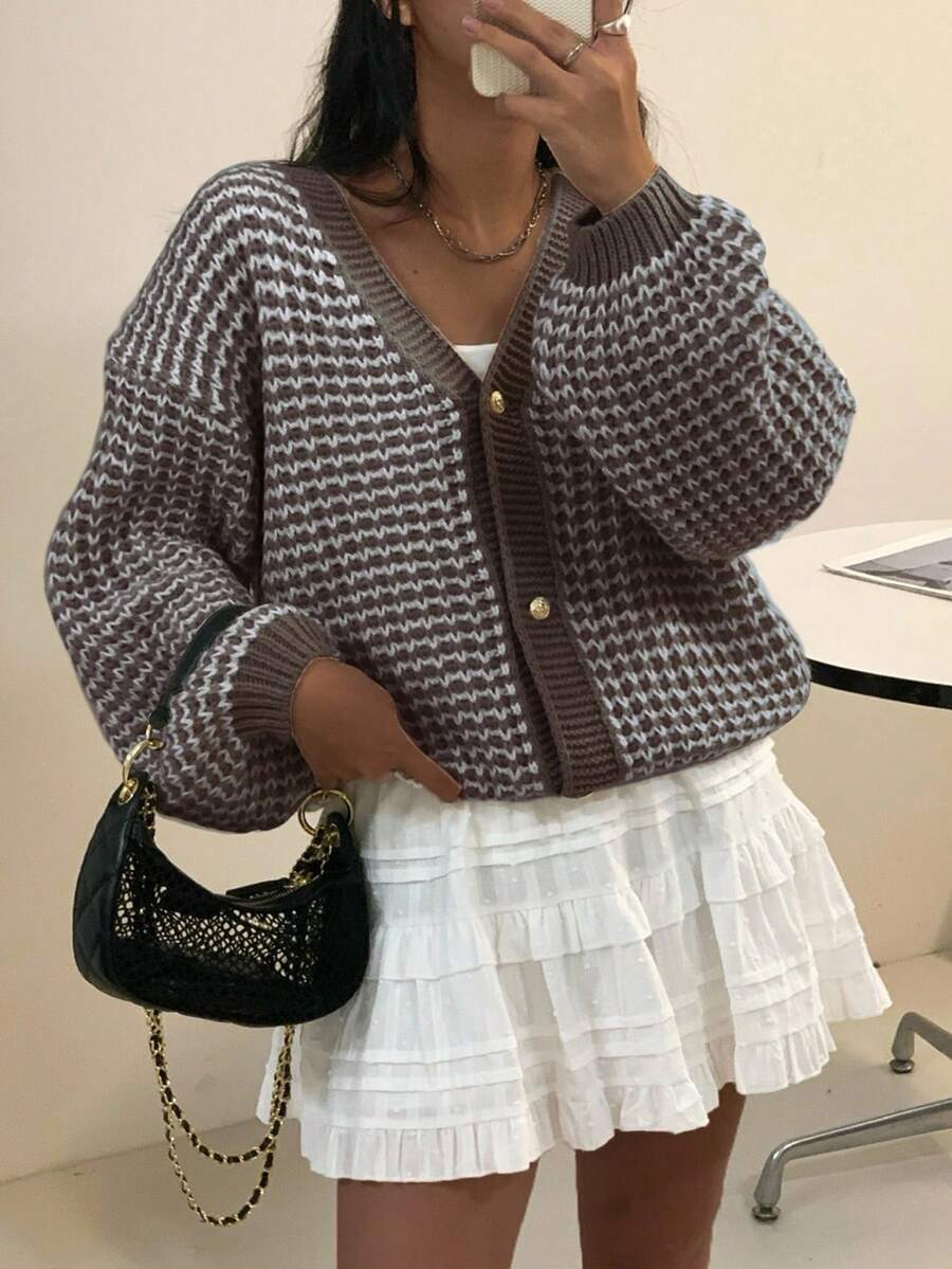INAWLY Cardigan Wanita Kasual Longgar dengan Bahu Jatuh, Motif Garis-garis, Musim Gugur/Dingin - Unta - View 1