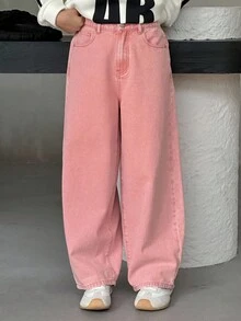 Dazy Kids Tween 女童口袋阔腿宽松休闲百搭牛仔裤 - 粉色 - 查看 5