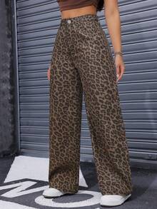 SHEIN PETITE 女士时尚复古豹纹阔腿牛仔裤 - 彩色 - 查看 3