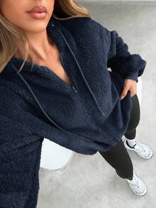 Siren Gaze 女士纯色羊毛连帽运动衫，厚实保暖运动衫，棕色，女士秋季连帽衫，女装，冬装，长袖上衣，毕业，返校，女士教师装 - 藏蓝色 - 查看 5