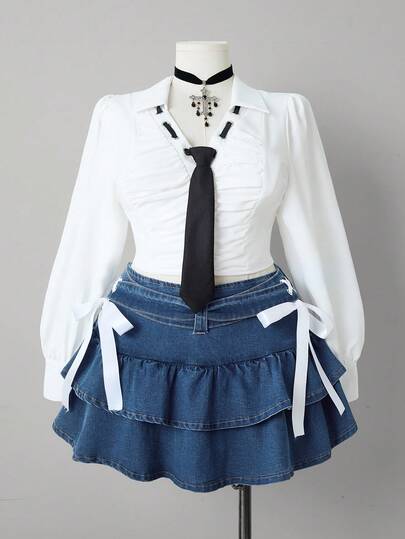 Sunspun Minifalda de mezclilla elástica de estilo dulce y elegante para mujer de talla grande, azul