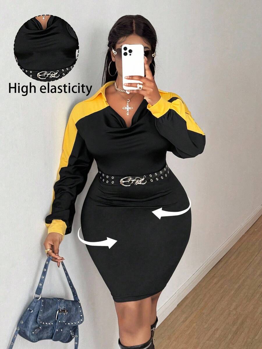 Maweii Plus Size Patchwork Fitted Draped Neck Casual Commuter Stylish Short Dress, Autumn/Winter