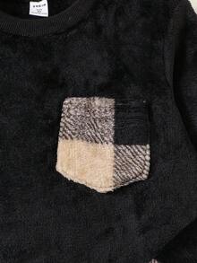 Jungen Farbblock Karomuster Taschen Langarm Pyjama Set, Herbst/Winter