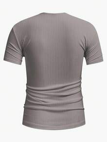 Manfinity Homme 男士纯色缺口V领短袖亨利衫，夏季纹理V领男士V领T恤男士V领男士T恤 - 灰色 - 查看 3