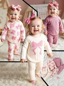 SHEIN Vintaside Kids 6件套可爱女婴春秋罗纹面料蝴蝶结印花/蝴蝶结印花/纯紫红色长袖弧形下摆T恤和修身裤休闲时尚装 - 粉色 - 查看 2