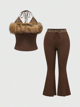 J-Fashion Top a due pezzi con collo alto, stampa leopardata e pelliccia, stile retrò Y2K Millennium Harajuku, taglie comode