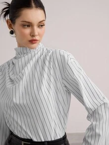 Heiryn قميص نسائي فضفاض بأكمام طويلة منسدلة مع ياقة، مخطط، عصري وشامل الاستخدامات