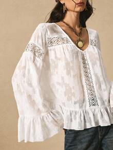Easelle Vintage Boho Casual Nomadic V-Neck Ruffle Sleeve Loose Eyelet Romantic Baggy Women Blouse Free People - White - View 2