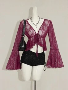 SHEIN ICON Women's V-Neck Burgundy Lace Flare Sleeve Semi-Sheer Top - Burgundy - View 1
