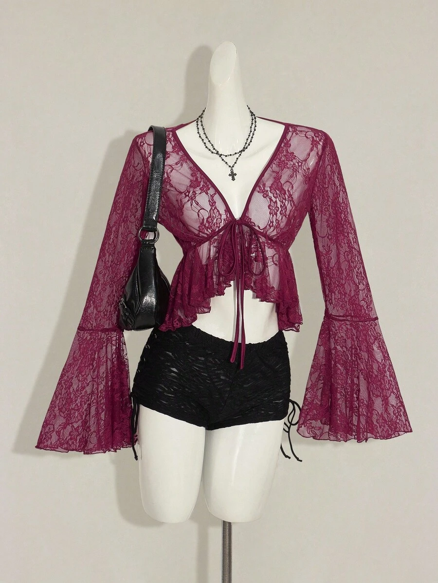 SHEIN ICON Women's V-Neck Burgundy Lace Flare Sleeve Semi-Sheer Top - Burgundy - View 1