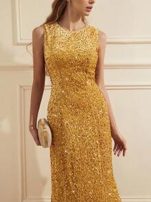 Chiquease 优雅无袖亮片天鹅绒连衣裙，修身腰身，高端别致风格 - 黃色 - 查看 5