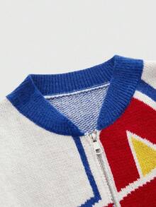 ROMWE MEN Prep Men's Zip-Up Jacquard Knit Cardigan, Sporty Racing Style, Street Fashion, Fall/Winter - Multicolor - View 3
