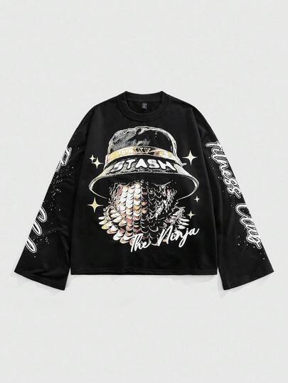 Street Life Men's Street Graphic Print Long Sleeve T-Shirt, Casual Everyday Wear, For Fall