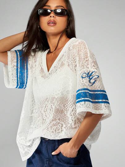 MISSGUIDED Women Oversized Lace Baseball Top With V-Neck Short Sleeves Floral Crochet Boho Summer Blouse