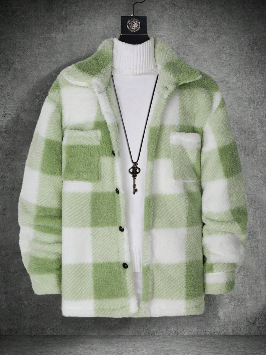 Manfinity Homme Loose Fit Men's Buffalo Plaid Print Flap Pocket Flannel Shirt, For Fall Winter