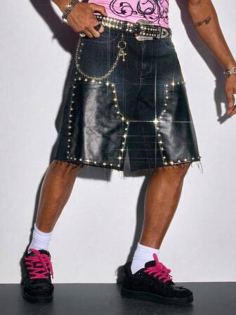 ROMWE Avant Men's Summer Fashion Rhinestone-Decorated Denim Shorts