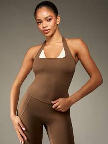 MISSGUIDED Áo ba lỗ thể thao Racerback hiệu suất cao, tập luyện tại phòng tập thể dục, chạy bộ, yoga, cổ yếm, đồ thể thao thoáng khí, hỗ trợ tập thể dục - Cà phê nâu - Xem 1
