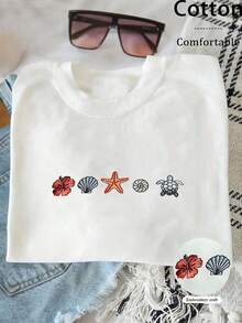 INAWLY 1 件女士休闲贝壳刺绣圆领运动衫、简约海滩连帽衫、航海风格夏季连帽运动衫、海洋爱好者印花衬衫、冲浪风格节日礼物圆领 T 恤